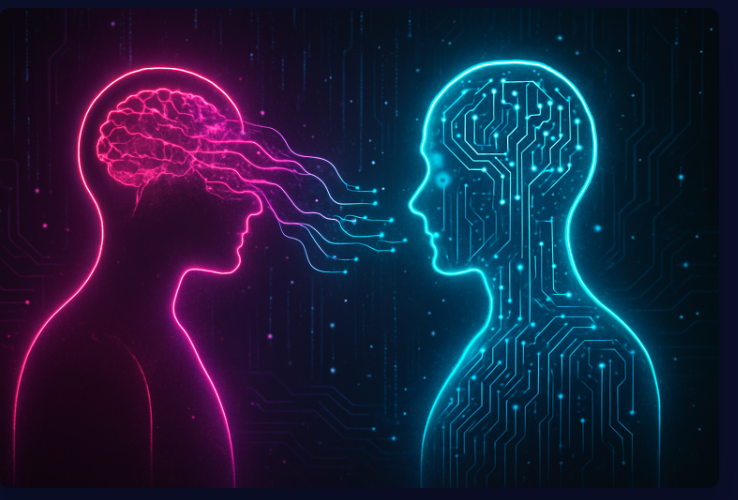 Neon illustration showing a human silhouette on the left in magenta with a brain and neural connections, connected to an AI silhouette on the right in cyan with circuit board patterns, representing the interface between human cognition and artificial intelligence.